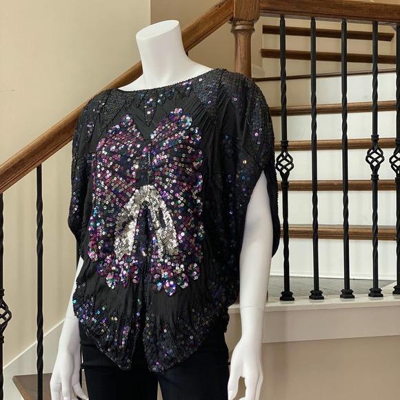 Vintage Cotton Castle Black Bow Sequins Top, M0579 - Picture 2 of 7